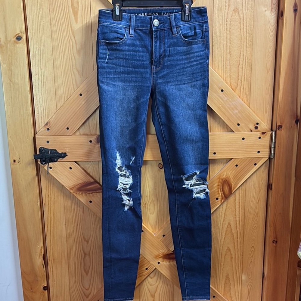 American Eagle Outfitters Blue Skinny Jeans with Distressed Details
